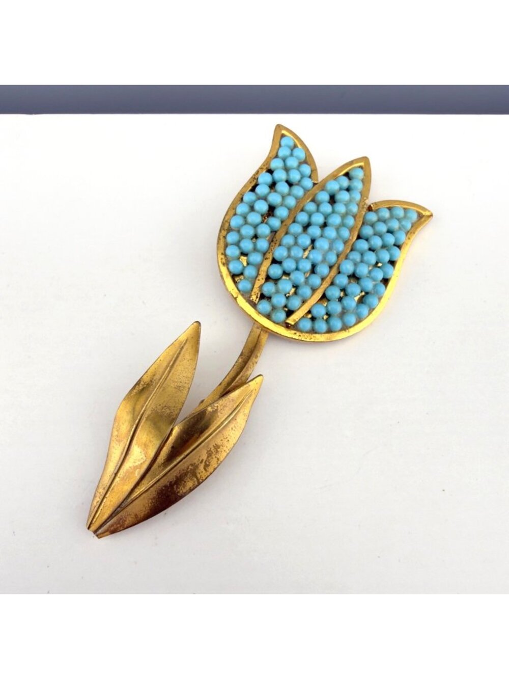 Vintage Flower Brooch Large Tulip Blue Beaded Gold Tone Statement 4'